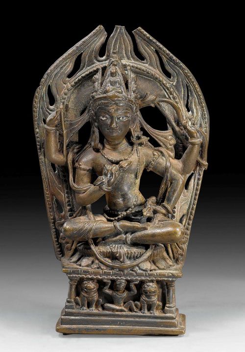 A RARE BRONZE FIGURE OF CATURBHUJA VAJRASATTVA WITH SILVER INLAID EYES. Western Himalaya, 11th c. Height 21 cm.