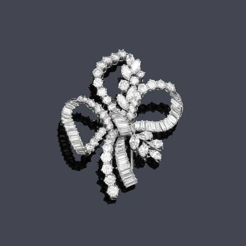DIAMOND CLIP BROOCH, BOUCHERON, ca. 1950. Platinum 950. Very elegant brooch in the shape of a stylized bouquet with a large bow motif, set throughout with 43 baguette-cut diamonds, 37 brilliant-cut diamonds and 10 navette-cut diamonds weighing ca. 8.00 ct. Signed Boucheron Paris. Mechanical part in white gold 750. With case.