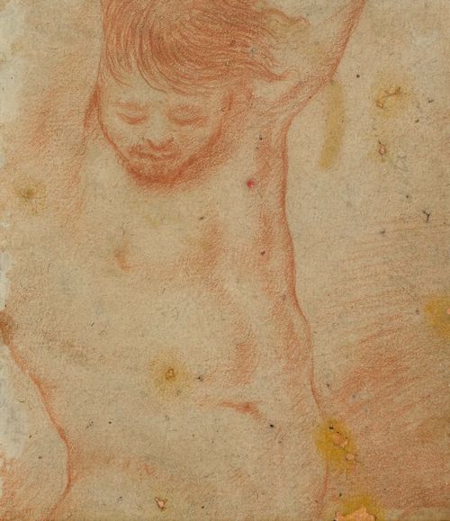 ITALIAN SCHOOL, END OF THE 16TH CENTURY Male torso. Verso: Madonna and Child. Red chalk. 16 x 13.8 cm. Framed.