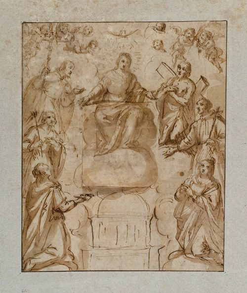 MAGANZA, ALESSANDRO (1556 Vicenza 1632) Mary receives the Holy Ghost, surrounded by saints. Pen and brush in brown. 24.5 x 20 cm.