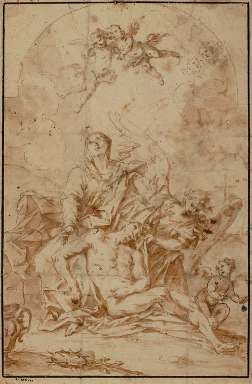PITTONI, GIAMBATTISTA (1687 Venice 1767) Pieta. Pen and brush in brown, brown wash over black crayon. Edging in black pen, inscribed lower left "Pittoni". 26.2 x 17.3 cm. Provenance: - Dr. K. Löchner, Senden, not in Lugt With an expertise by Dr. George Knox, Vancouver, 13.02.2009.