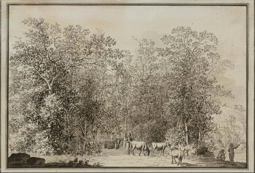 GESSNER, SALOMON (1730 Zurich 1788) Forest edge with cattle and figures. Pen and brush in grey over pencil, on laid paper with watermark: Pro Patria. With double grey pen line around and with a three-part pen line on the sides. 17.1 x 24.7 cm.