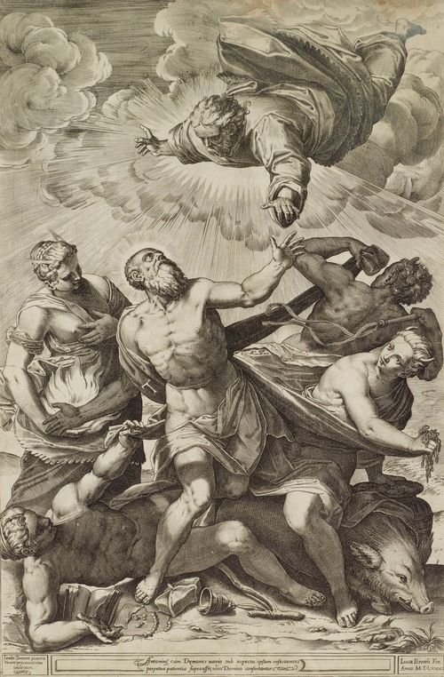 CARRACCI, AGOSTINO (Bologna 1557 - 1602 Parma).After Jacopo Tintoretto. The temptation of Saint Anthony, 1582. Copper engraving, 59.5 x 32.5 cm. Bartsch 63. Framed. – Fine, strong and even impression. Cut to the outer line, mostly with fine margin around. Somewhat browned on upper margin to the right. With old restored tear of the flatted central fold. Overall good condition.