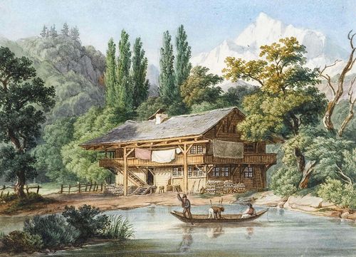 CANTON OF BERN.-Bantli, Leonard (1810 Meilen 1880). Pair of views, presumably from Unterseen. Watercolours on thin board. Each 11.3 x 15.2 cm. Framed.- Spotless condition with fresh colours. Very rare.