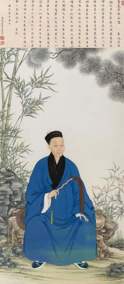 A PORTRAIT OF A DAOIST ABBOT. China, Guangxu period, the inscription dated 1886, 154x66 cm. Framed. The inscription signed: "Yunxi daoren". Two seals: "Gao Rentong yin" and "yunxi". Gao Rentong (1841-1907) was a famous abbot of Bayunguan in Beijing. He was well connected with the Guangxu court and in this sense also a political figure.