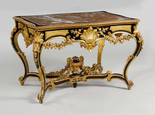 PARLOUR TABLE,Napoleon III, Paris ca. 1850. Wood, ebonized and carved with shells, garlands, vase and volutes. Rectangular leaf with Rouge Royal marble top. 119x80x76 cm.