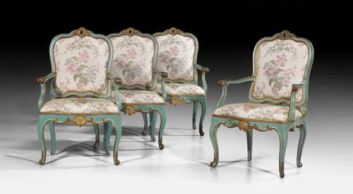 SUITE OF 4 PAINTED ARMCHAIRS,