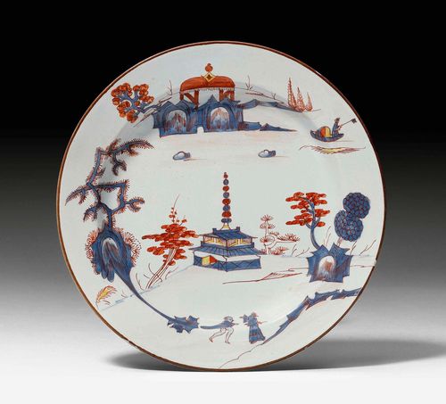 FAIENCE PLATE 'AL CARABINIERE', Milan, Factory of Clerici or Rubati, ca. 1745-1796. Painted blue and red in the East Asian style.