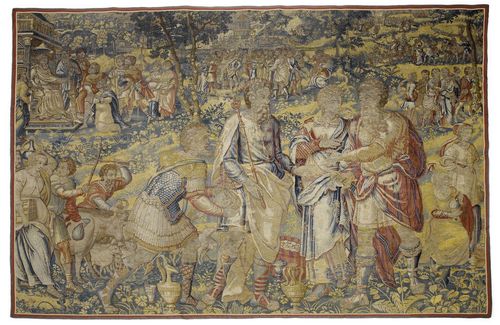 TAPESTRY "LE ROI ABIMELECH AVEC SARAH ET ABRAHAM",Baroque, Brussels, circa 1550. Central depiction of King Abimelech with Sarah and Abraham. H 244 cm. W 353 cm Provenance: private collection, Germany. The scene depicted is from the "Vie d'Abraham" series, Genesis 20: 1-16.
