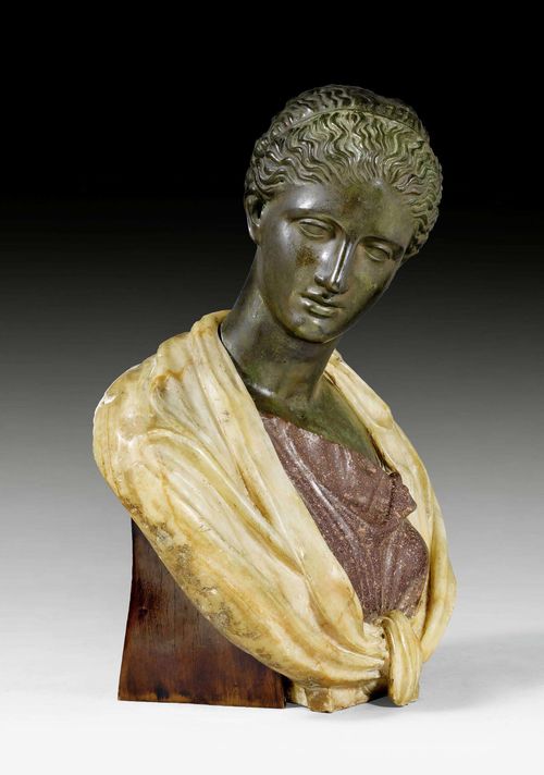BUST OF A YOUNG WOMAN,Renaissance, probably Florence, 16th century. Patinated bronze, alabaster and porphyry. Inscribed and dated GOUVERT 1591. H 52 cm. Provenance: - Former collection of Princess Maria Anna of Saxony. - Private collection, Germany. With a letter from 1963 in which Director General Müller and Dr. Weihrauch from the Bavarian National Museum (Bayerischen Nationalmuseum) in Munich date the bust offered here at the end of the 16th century.