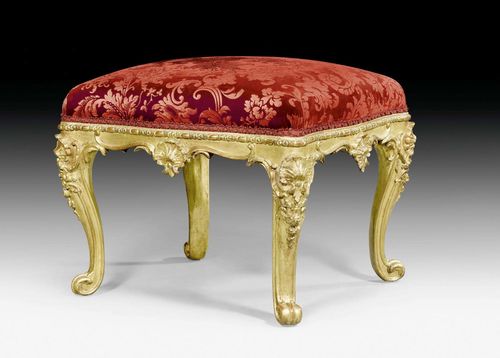 STOOL,Louis XV, northern Italy circa 1730/40. Richly carved giltwood. Red silk velour cover with flowers and leaves. 58x40x47 cm. Provenance: from a French collection. Expertise by Cabinet Dillee, Guillaume Dillee/Simon Pierre Etienne, Paris 2012.