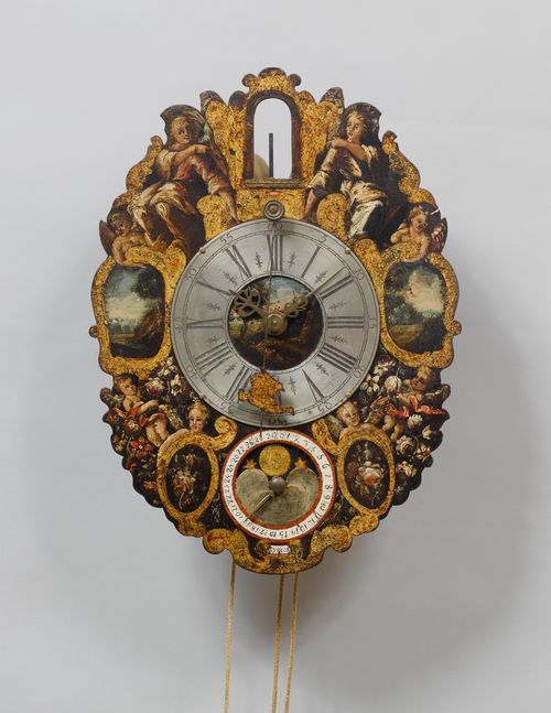 A FRONT-PENDULUM IRON CLOCK WITH DATE AND MOON PHASE,