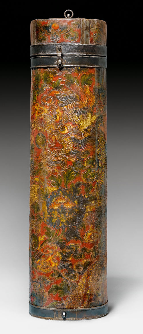 A WOOD CONTAINER FOR THANGKAS PAINTED WITH DRAGONS.