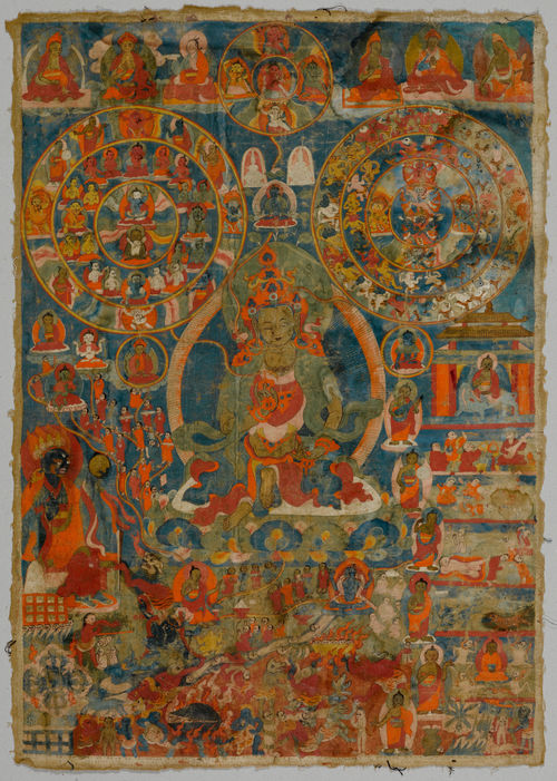 BÖN THANGKA SHOWING A DEITY WITH A VAJRA AND A GHANTA.