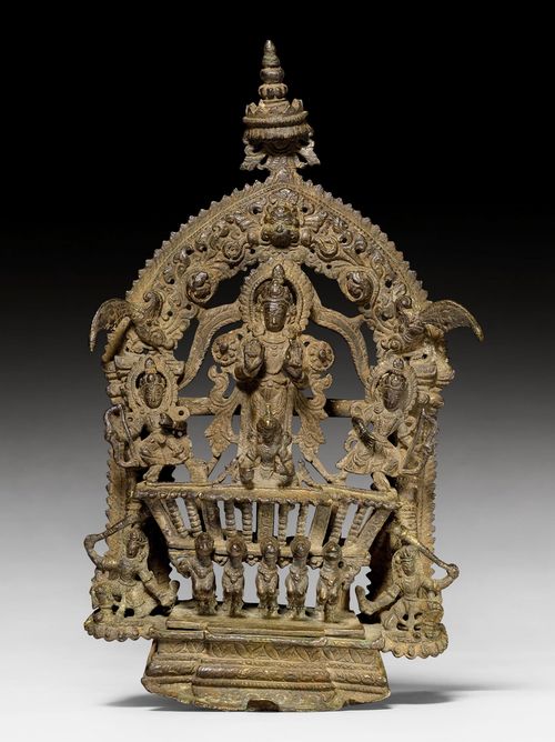 A VERY DETAILED COPPER ALLOY SURYA SHRINE WITH THE SUN CHARIOT.