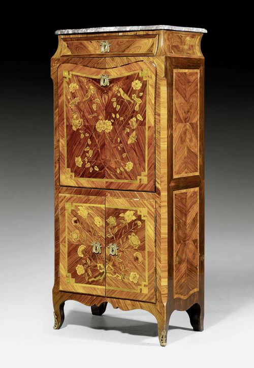 SECRETAIRE "A ABATTANT",Louis XV, attributed to C. WOLFF (Christophe Wolff, maitre 1755), Paris circa 1760. Tulipwood, rosewood, and partly dyed precious woods in veneer with fine inlays. The front with fall-front writing surface, lined with gold-stamped red leather, between top drawer and compartment double doors. Fitted interior of drawers and compartments. Gilt bronze mounts and sabots. Shaped, gray/beige speckled marble top. Some restoration required. 64x48x(open 69)x154 cm.
