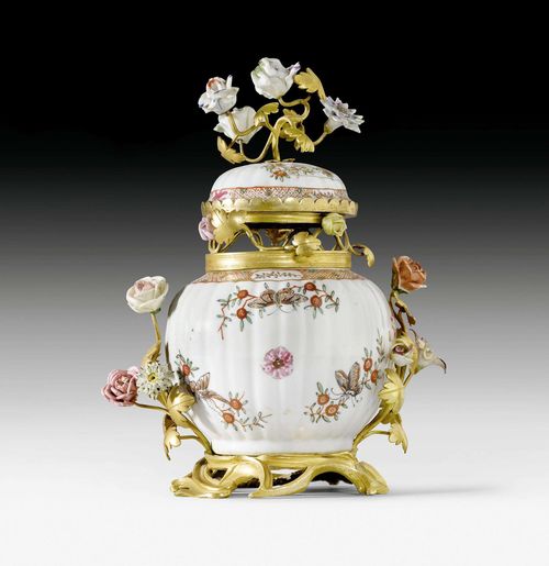 SMALL POTPOURRI VASE,Louis XV, the porcelain China, 18th century, the bronze Paris, 18th century. Finely painted porcelain with gilt bronze. H 27 cm. Provenance: from a French collection. Expertise by Cabinet Dillee, Guillaume Dillee/Simon Pierre Etienne, Paris 2012.