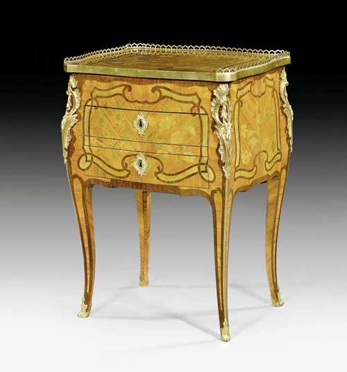GUERIDON "A FLEURS", Louis XV, stamped P. ROUSSEL  (Pierre Roussel, maitre 1745), Paris circa 1750. Tulipwood, amaranth and partly dyed precious woods in veneer with exceptionally fine inlays. The top in pierced bronze rail and with sliding slatted closure above compartment. The front with 2 drawers. Rich, matte and polished gilt bronze mounts and sabots. Freestanding. 52.5x42x72.5 cm. Provenance: from a French collection. A highly important gueridon of impressive quality; expertise by Cabinet Dillee, Guillaume Dillee/Simon Pierre Etienne, Paris 2012.