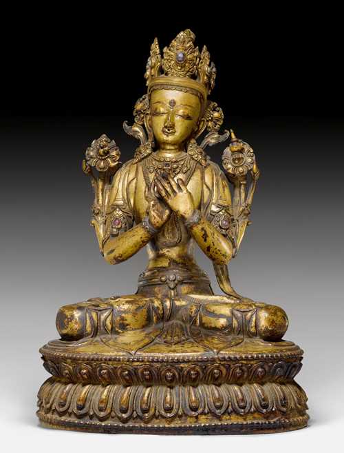 AN ELEGANT GILT COPPER ALLOY FIGURE OF MAITREYA WITH STONE INLAYS.