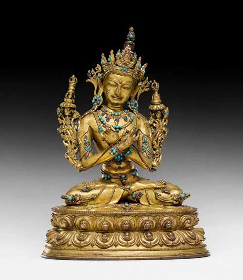 銅鎏金金剛持坐像。西藏，15世紀，高度21.5釐米，無封底，歐洲舊藏。