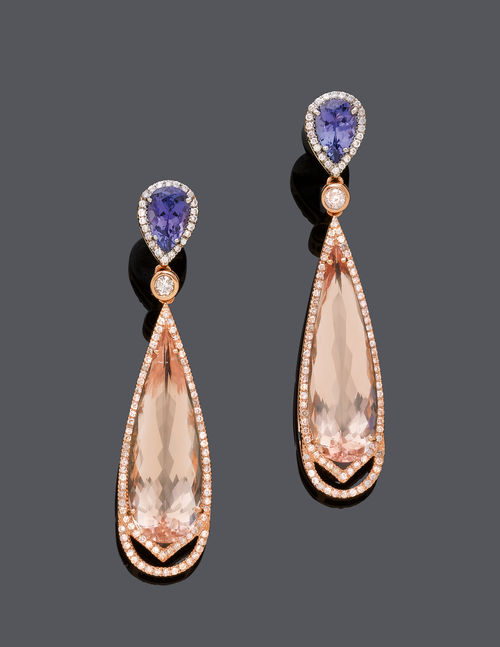 TANZANITE, MORGANITE AND DIAMOND EAR PENDANTS.