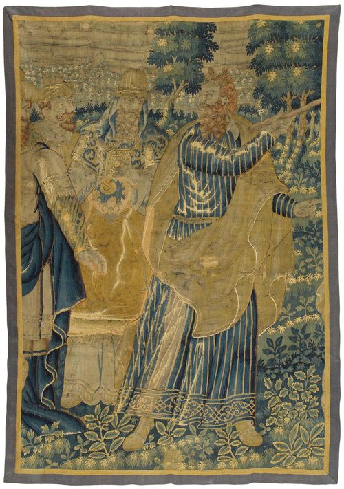 TAPESTRY FRAGMENT,Renaissance, probably Flanders circa 1600. Depiction of Moses and his followers. Restoration required. H 205 cm, W 145 cm.