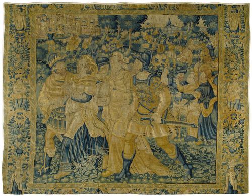 TAPESTRY,Renaissance, probably Flanders circa 1600/40. Depiction of an aristocratic group with castle in the background. Restoration required. Cut. H 250 cm, W 300 cm.