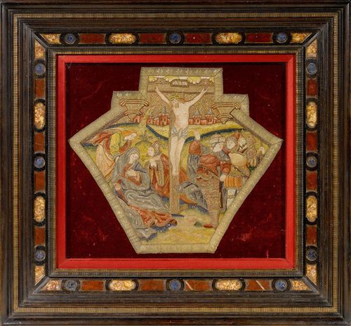 EMBROIDERY IN FRAME WITH "PIETRA DURA",Renaissance, Flemish, circa 1520. Extremely fine embroidery depicting the crucifixion of Jesus, on red velvet.  Ebonized frame with Pietra Dura inlays. Behind glass. Embroidery 44x34 cm, Frame 71x67 cm.