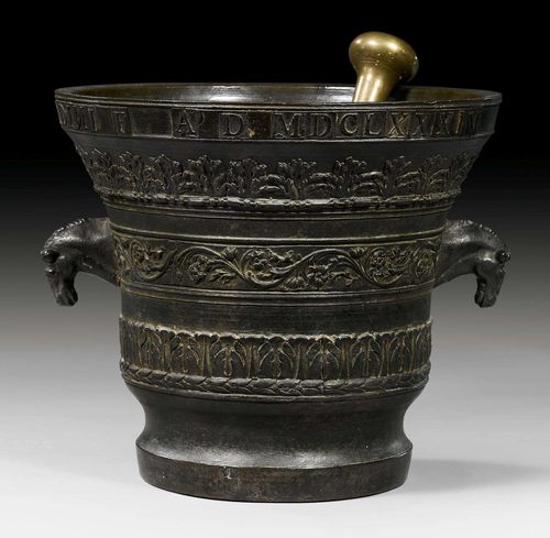 LARGE MORTAR WITH NON-MATCHING PESTLE,Early Baroque, inscribed and dated CAVADINI F(ecit) AD 1684, Italy. Bronze. Vessel H 24 cm, D 26 cm. Pestle L 28 cm.