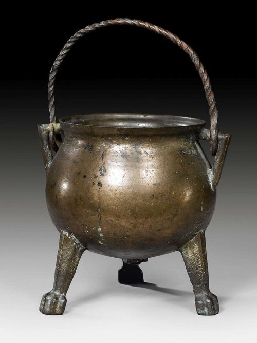 SMALL CAULDRON,Early Baroque, probably German, 17th century. Bronze and iron. H 18.5 cm. D 14 cm.