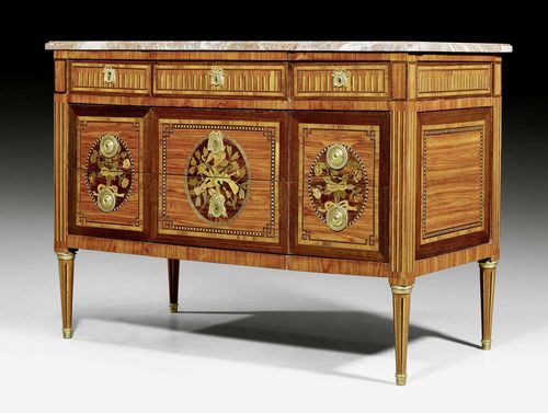 COMMODE "A FLEURS",Louis XVI, stamped I.G. SCHLICHTIG (Jean-Georges Schlichtig, maitre 1765), Paris circa 1775. Tulipwood, rosewood and various precious woods in veneer with fine inlays. The front with 3 drawers, the lower 2 drawers sans traverse, the top drawer divided into three. Gilt bronze mounts and sabots. Gray/beige speckled marble top. 129x61x92 cm.