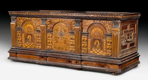 LARGE IMPORTANT CHEST,Renaissance, Switzerland, 16th/17th century. Shaped walnut, cherry and local fruitwoods with rich inlays. Large iron lock. Carrying handles. 140x75x64 cm.