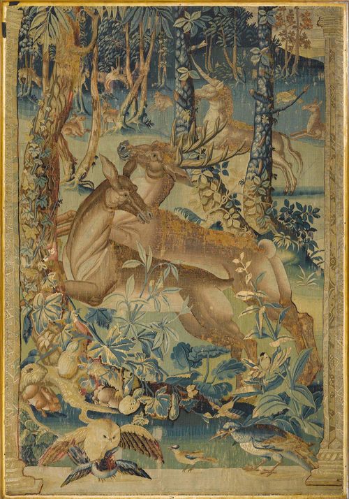 TAPESTRY FRAGMENT "PAYSAGE PEUPLE D'ANIMAUX",Renaissance, Oudenaarde circa 1600. In frame. H 232 cm, W 162 cm.