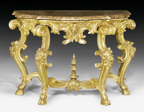 CONSOLE "AUX MASCARONS",Louis XV, Rome, 18th/19th century. Exceptionally richly carved and gilt wood. "Brocatello Siciliano" top. 128x61x90 cm. Provenance: - Private collection, Lugano. - Galerie Koller Zurich auction on 5.12.2002 (Lot No. 1054). - From a Roman collection. Matching Lot No. 1027.