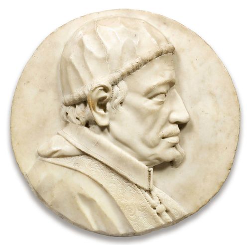 MARBLE MEDALLION,probably by P.E. MONNOT (Pierre Etienne Monnot, 1657-1733), probably Rome, 18th century. With profile portrait of Pope Sixtus V. Some chips. D 30 cm.