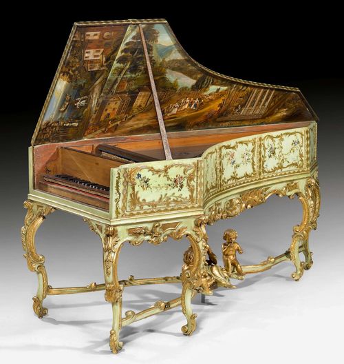 PAINTED HARPSICHORD "AUX ENFANTS",Louis XV, probably Venice, 18th century. Richly carved and polychrome painted wood. The lid painted inside with landscape depiction.  Ivory and ebony keyboard C/E-c'''. Jack mechanism from the 17th century with bird quills, the body and soundboard made of cypress. Requires restoration. Paint renewed. 185x74x88 cm. Provenance: - Swiss private collection. - Galerie Koller Zurich auction on 22.5.1981 (Lot No. 2800). - Private collection, Switzerland. A fine, very elegant, high-quality instrument.