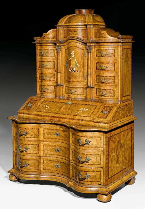 BUREAU CABINET,Baroque, German, probably Brunswick circa 1740. Walnut, burlwood, ivory and local fruitwoods in veneer with fine inlays. Fall-front writing surface, flanked by 1 drawer on each side. Bronze mounts. 120x80x(open 95)x205 cm.