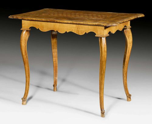 SALON TABLE,Baroque, South Germany, 18th century. Walnut and various fruit woods in veneer with inlays. 98x62x77 cm.