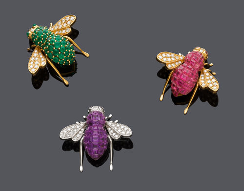 THREE GEMSTONE AND DIAMOND BEE BROOCHES, BY SABBADINI, ca. 1999.