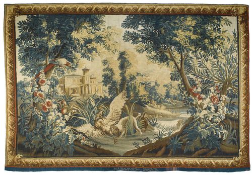 HUNTING VERDURE TAPESTRY Louis XV, signed MR DAUBUSSON - DUMONTEIL (Manufacture Royale d'Aubusson, Pierre Dumonteil, 1732-1787), Aubusson circa 1760. H 270 cm, W 360 cm.