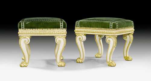 PAIR OF ROYAL STOOLS,Restauration, by P.G. BRION (Pierre Gaston Brion, 1767 Paris 1855), with stamp of the "Salon Bleu" in PALAIS DES TUILERIES, TU and number 1179, Paris circa 1822. Finely carved beech, painted off-white and parcel gilt.  Green/golden velour cover. 51x49.5x48.5 cm. Provenance: - Formerly in the royal collections of the Palais des Tuileries; until 1830 in "Salon Bleu", 1830 to 1833 in "Salon des Concerts". - From a French collection. Expertise by Cabinet Dillee, Guillaume Dillee/Simon Pierre Etienne, Paris 2012.