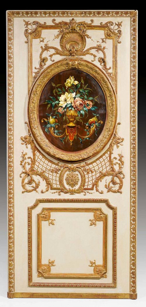 PAIR OF PAINTED DOOR PANELS, Regence, Paris circa 1720. Exceptionally finely carved oak, painted ivory color and parcel gilt. The top section with oval medallion frame and later oil painting on canvas. Formerly part of a boiserie. H 225 cm, W 103 cm. Provenance: - Formerly Fischer-Bohler, Munich. - Private collection, Germany.