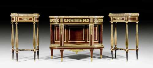 SIDEBOARD DESSERTE "A LA RIESENER" AND A PAIR OF CONSOLES "A LA WEISWEILER",Louis XVI style, stamped and dated HENRY DASSON 1886 and 1885 (Henri Dasson 1825 Paris 1896), Paris. Fluted mahogany. The drawers with push-button opening. Exceptionally fine, matte and polished gilt bronze mounts and sabots. "Brocatello di Spagna" tops, partly in pierced bronze rail. Sideboard Desserte 119x55x93 cm. Consoles 63x35x98 cm.