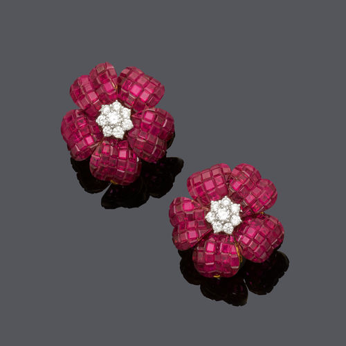 RUBY AND DIAMOND FLOWER EARCLIPS.