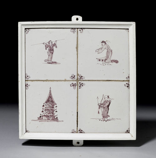 2 FRAMED TILE MURALS WITH CHINOISERIE DECORATIONS AND SCENES DEPICTING 'CHILDREN'S GAMES',
