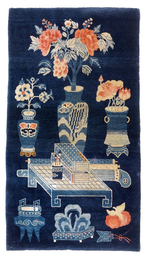 CHINA antique.Dark blue background patterned with a table and vases, 70x125 cm.