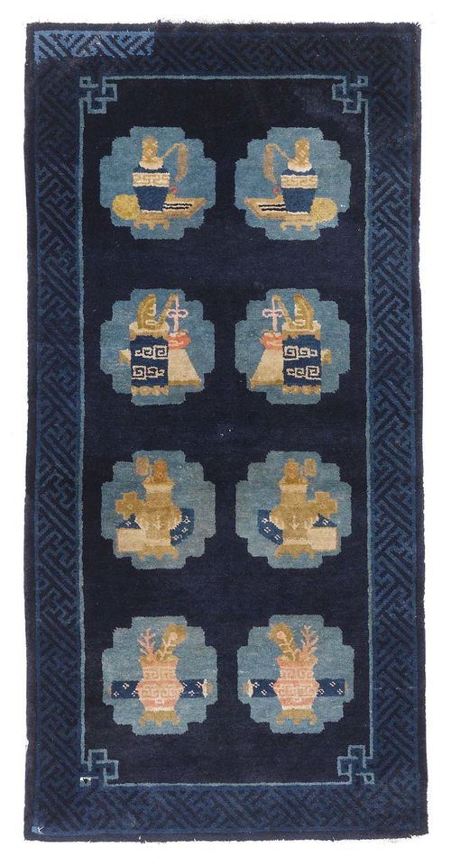CHINA antique.Dark blue central field with eight medallions, patterned with vases, restored, 70x140 cm.