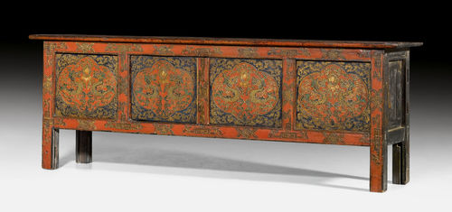 A PAINTED WOOD TWO-DOOR ALTAR TABLE.