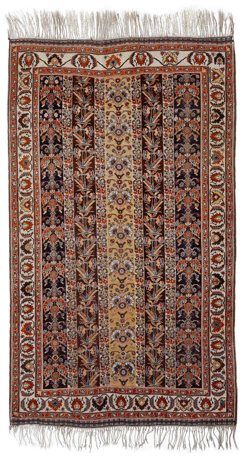 GASHGHAI antique.Vertically striped central field, patterned with colourful plant motifs, white edging with trailing flowers, 150x250 cm.
