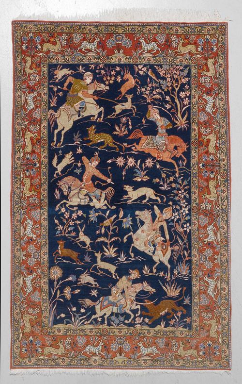 GHOM old.Blue central field with a hunting scene, red edging, 140x210 cm.